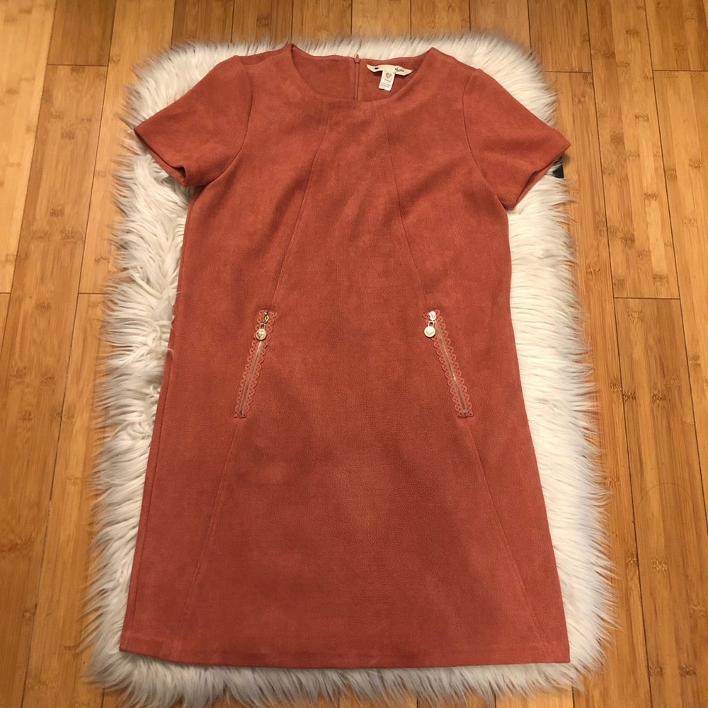 Yumi Burnt Orange Minimalist Textured Zipper Pockets Shift Dress, size S (6US)